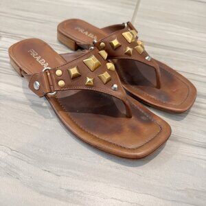 Prada Studded Square Toe Open Thong Sandals Designer Shoes Gold Silver Brown 7.5